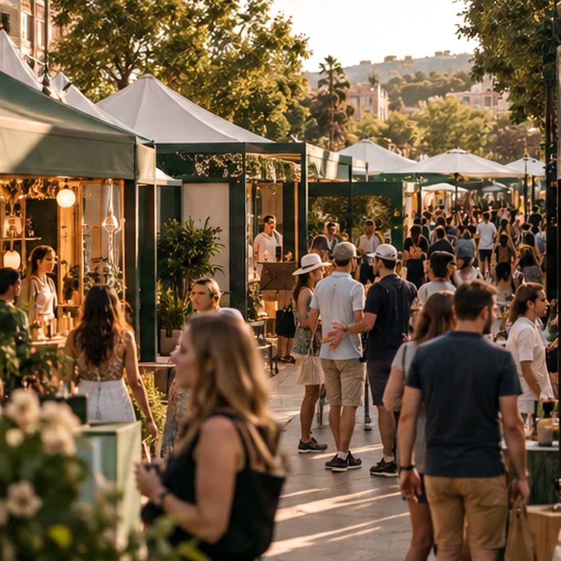 An open-air market with local visitors exploring small business stalls