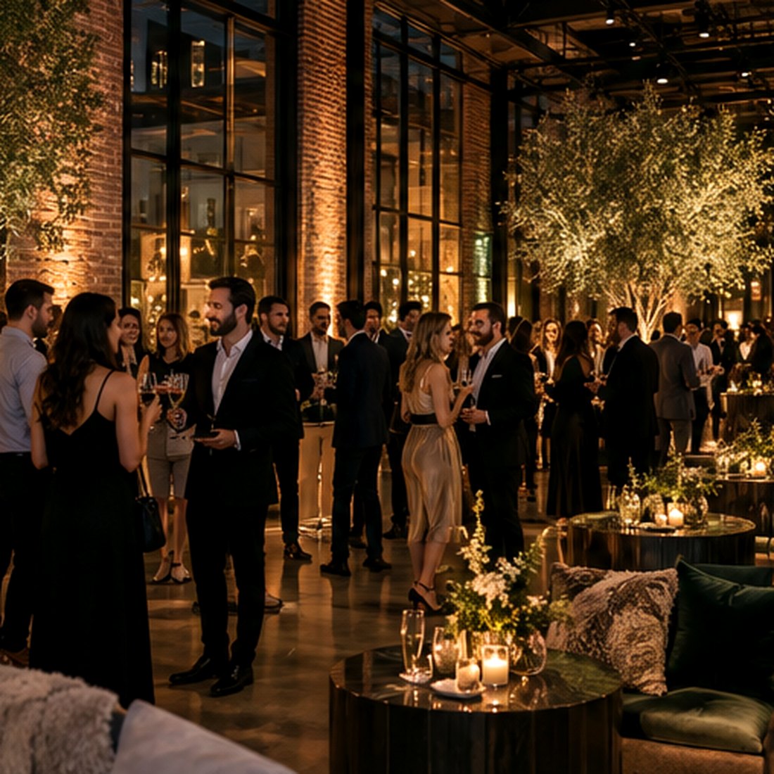 Guests connecting at an elegant, in-person evening event